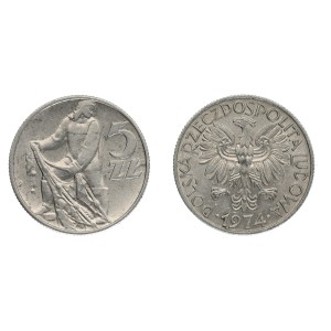 5 złote obiegowe Rybak - 1974 r st. I -